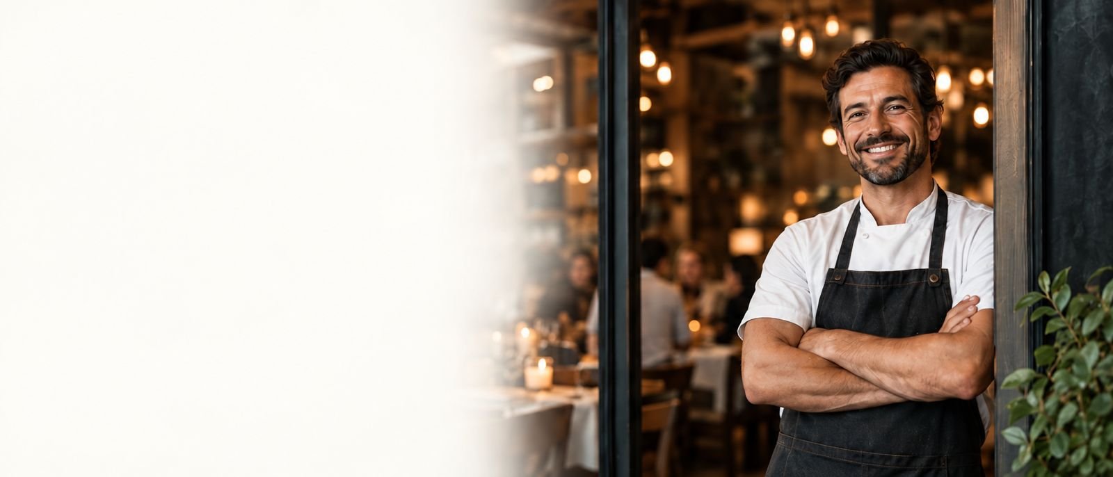 A chef standing in the doorway of a busy independent restaurant