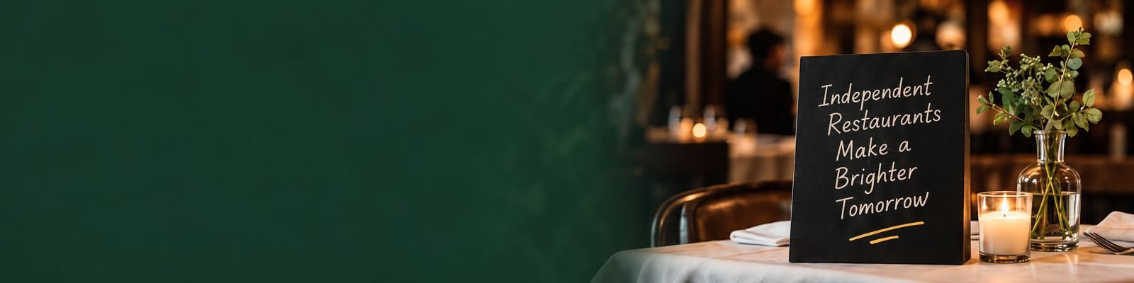 A table card reading “Independent Restaurants Make a Brighter Tomorrow”