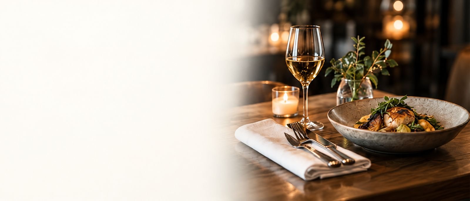 A plated dish and a glass of wine on a candlelit restaurant table