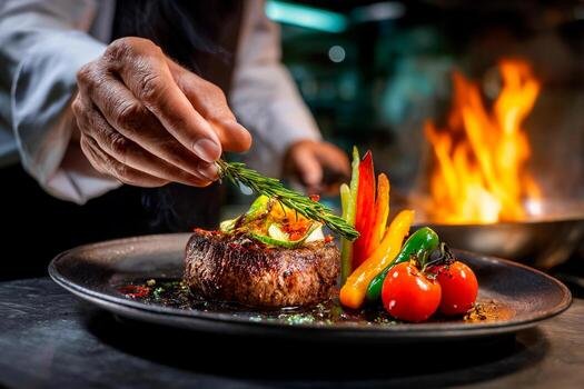 a-chef-carefully-adds-fresh-herbs-to-a-beautifully-plated-grilled-steak-surrounded-by-vibrant-vegetables-the-lively-kitchen-is-bustling-with-activity-making-dinner-service-exciting-photo